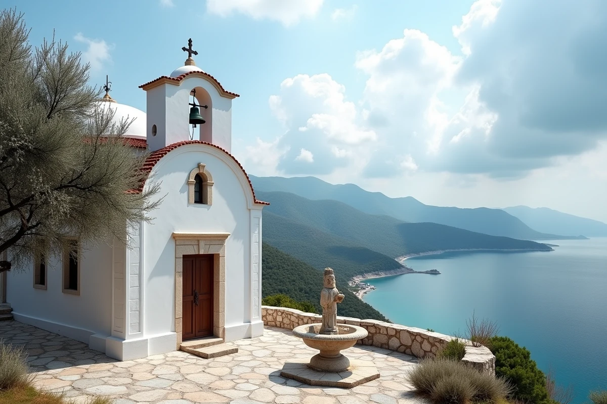 Église orthodoxe à dôme blanc et clocher fleuri de glycines sur une colline de Skopelos avec vue sur la mer Égée au printemps