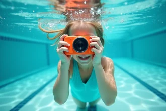 Jeune fille en maillot turquoise tenant un appareil photo étanche coloré sous l'eau dans une piscine