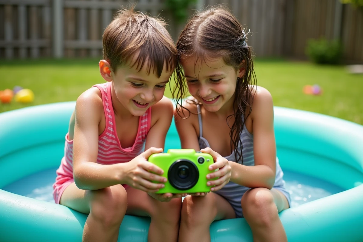 Deux enfants regardant ensemble les photos sur un appareil photo étanche au bord d'une piscine gonflable