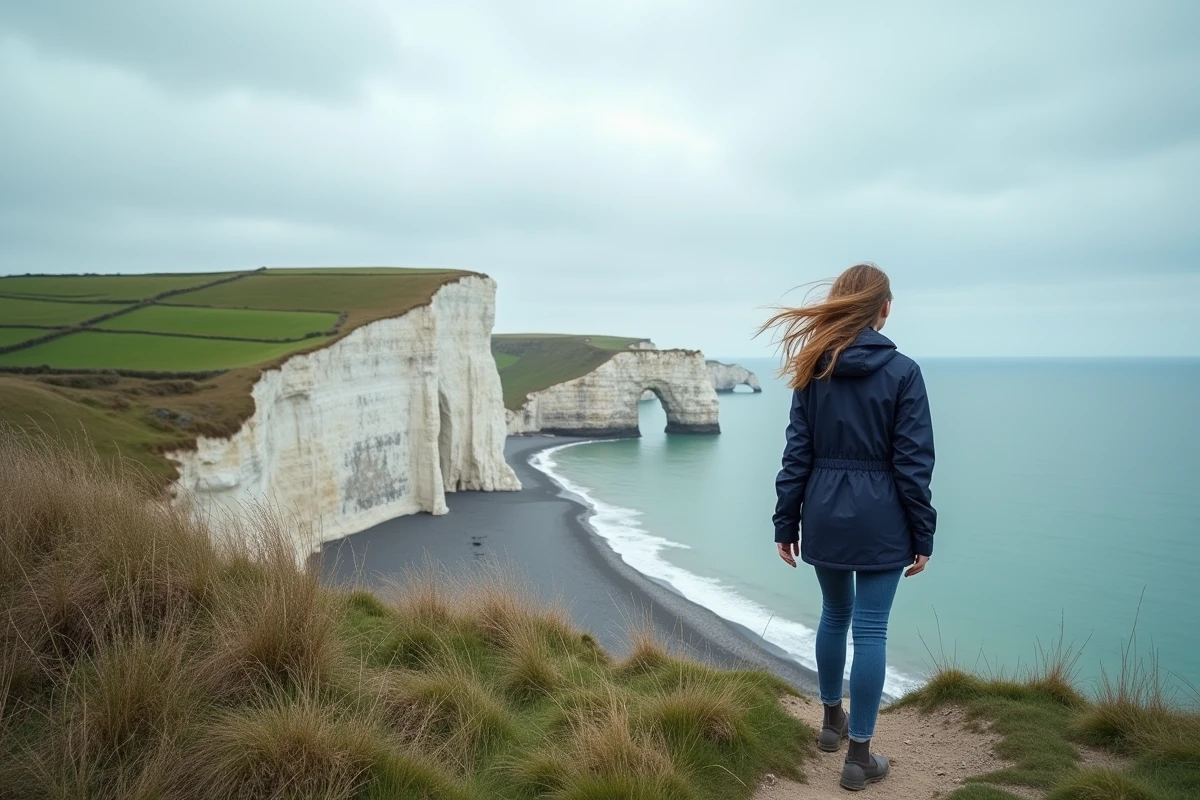 Femme admirant les falaises d'Étretat en Normandie avec vue sur l'arche naturelle et la Manche