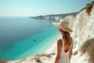 Femme en robe de lin sur les falaises blanches de Leucate avec vue sur la mer Méditerranée et l'étang