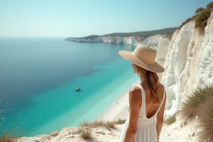 Femme en robe de lin sur les falaises blanches de Leucate avec vue sur la mer Méditerranée et l'étang
