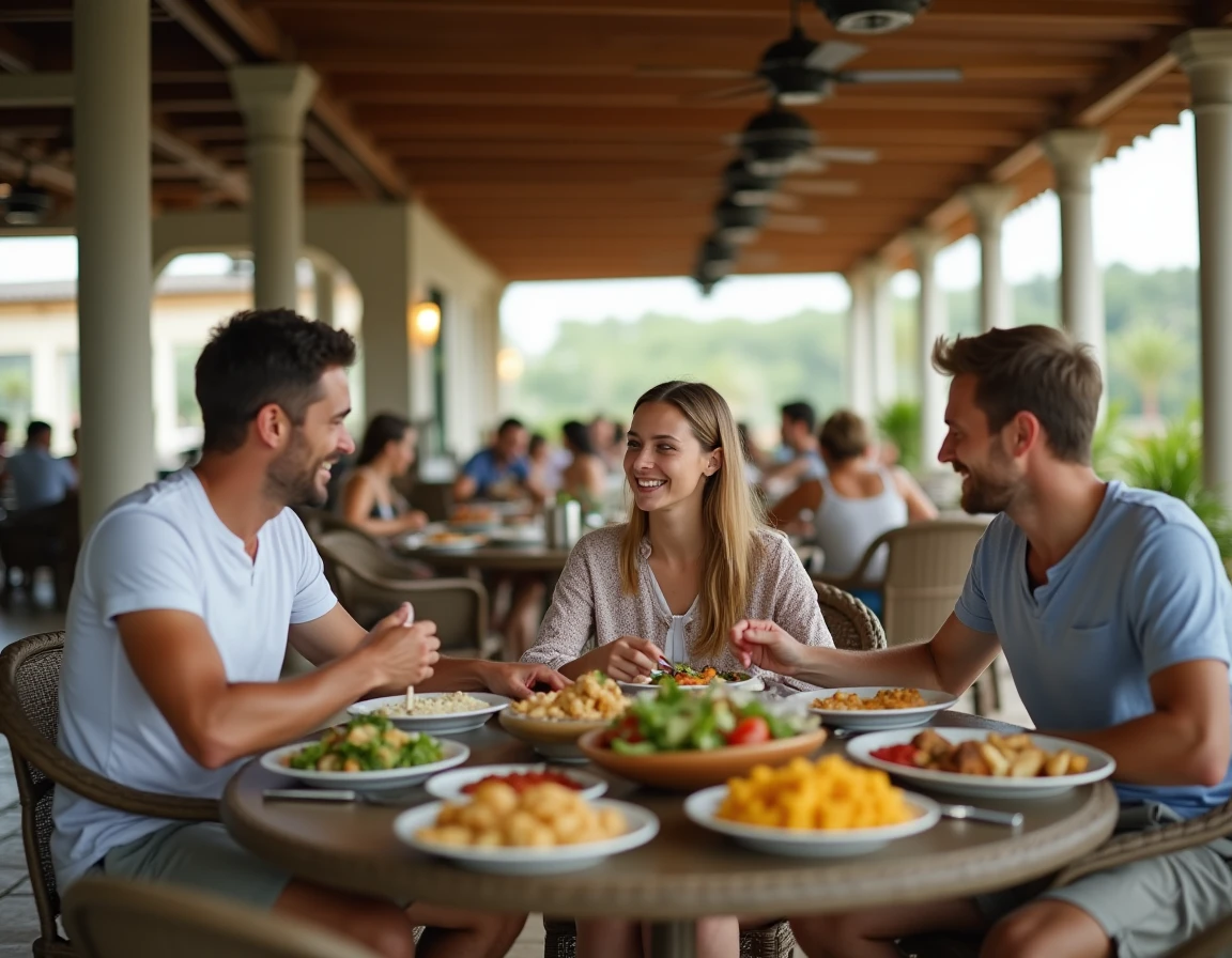 Famille profitant du buffet tout inclus dans un resort lors d'un voyage Leclerc