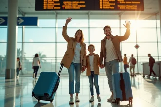 Famille souriante à l'aéroport qui se dit au revoir avant des vacances, valises colorées en main