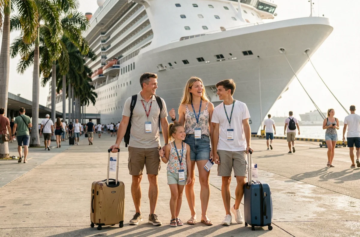 Famille avec bagages sur le quai d'embarquement d'une croisière aux Antilles devant un grand paquebot