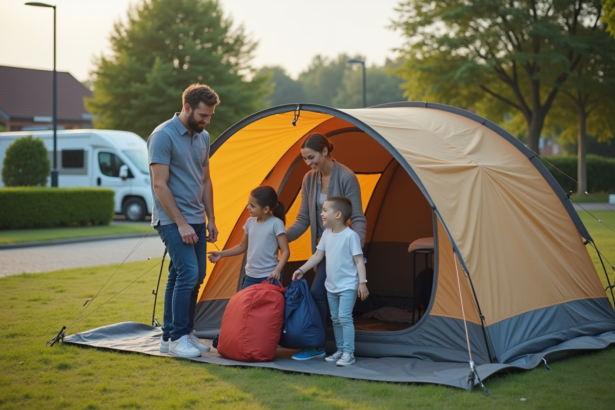 Famille déballant du matériel de camping devant leur tente