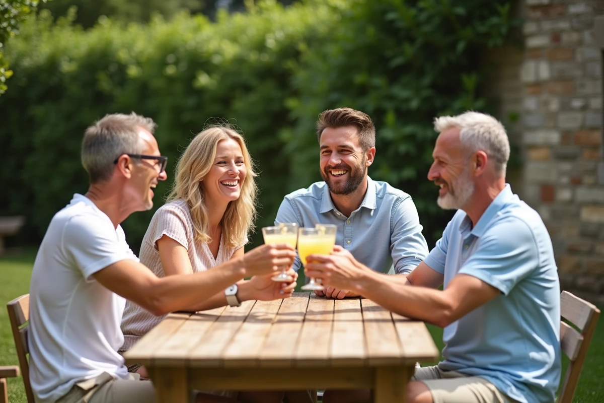 Famille réunie dans un jardin pour célébrer les départs en vacances en trinquant autour d'une table en bois