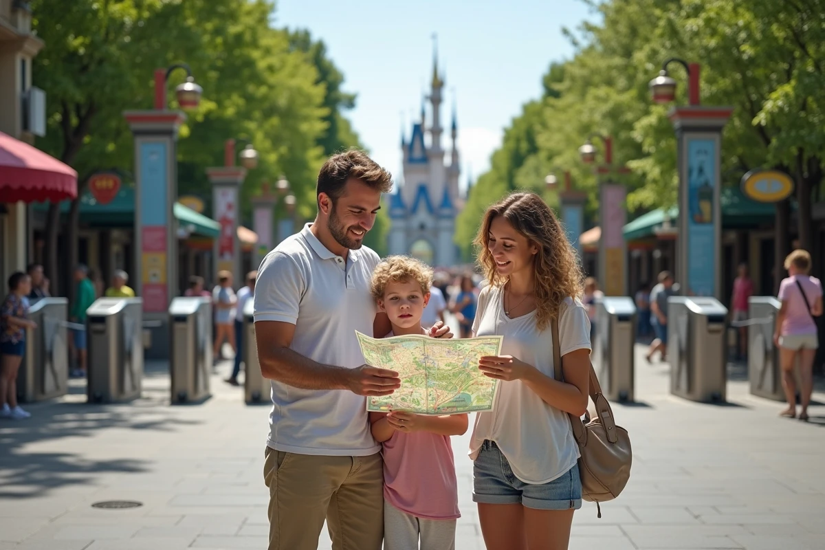 Famille de quatre devant l'entrée d'un parc à Paris