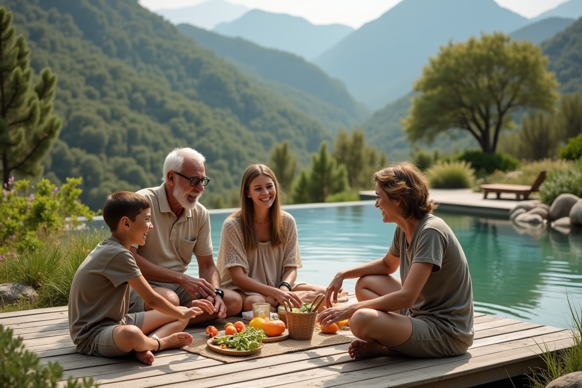 Famille multigeneration partageant un pique-nique en nature