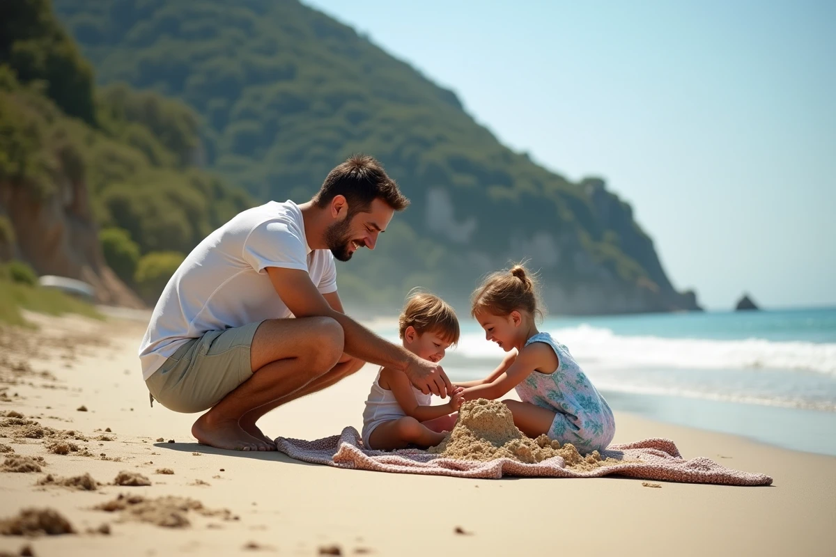 Famille jouant dans le sable à la plage de Fautea