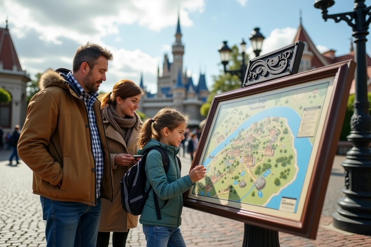 Famille consultant le plan officiel d'Eurodisney avec les zones d'attractions importantes signalées à l'entrée du parc