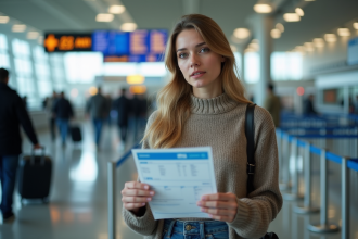 Femme à l'aéroport présentant son document d'embarquement