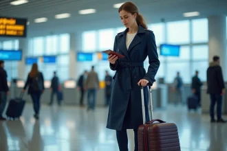 Femme en trench navy préparant son voyage à l'aéroport
