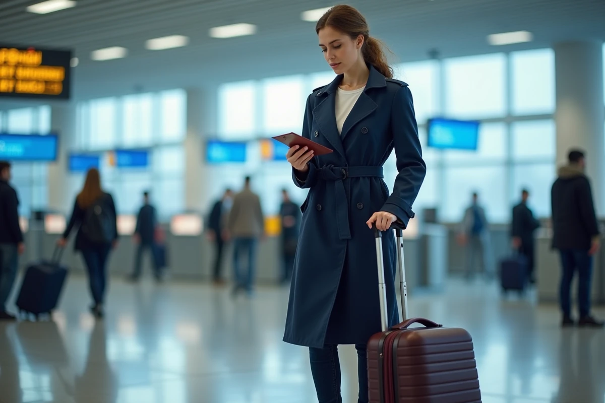 Femme en trench navy préparant son voyage à l'aéroport