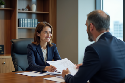 Femme en costume navy lors d'une réunion diplomatique