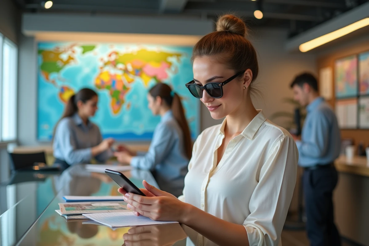 Femme seule utilisant smartphone dans agence de voyage
