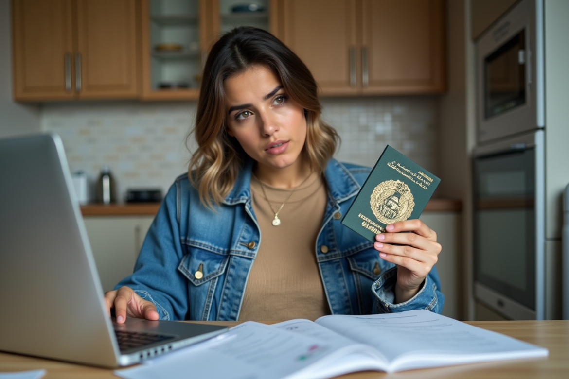Jeune femme algérienne avec passeport dans une cuisine moderne