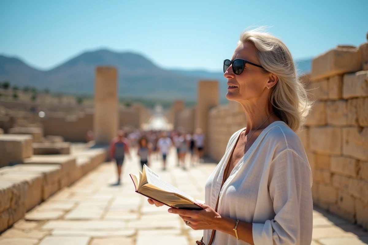 Femme méditerranéenne devant ruines minoennes en plein air