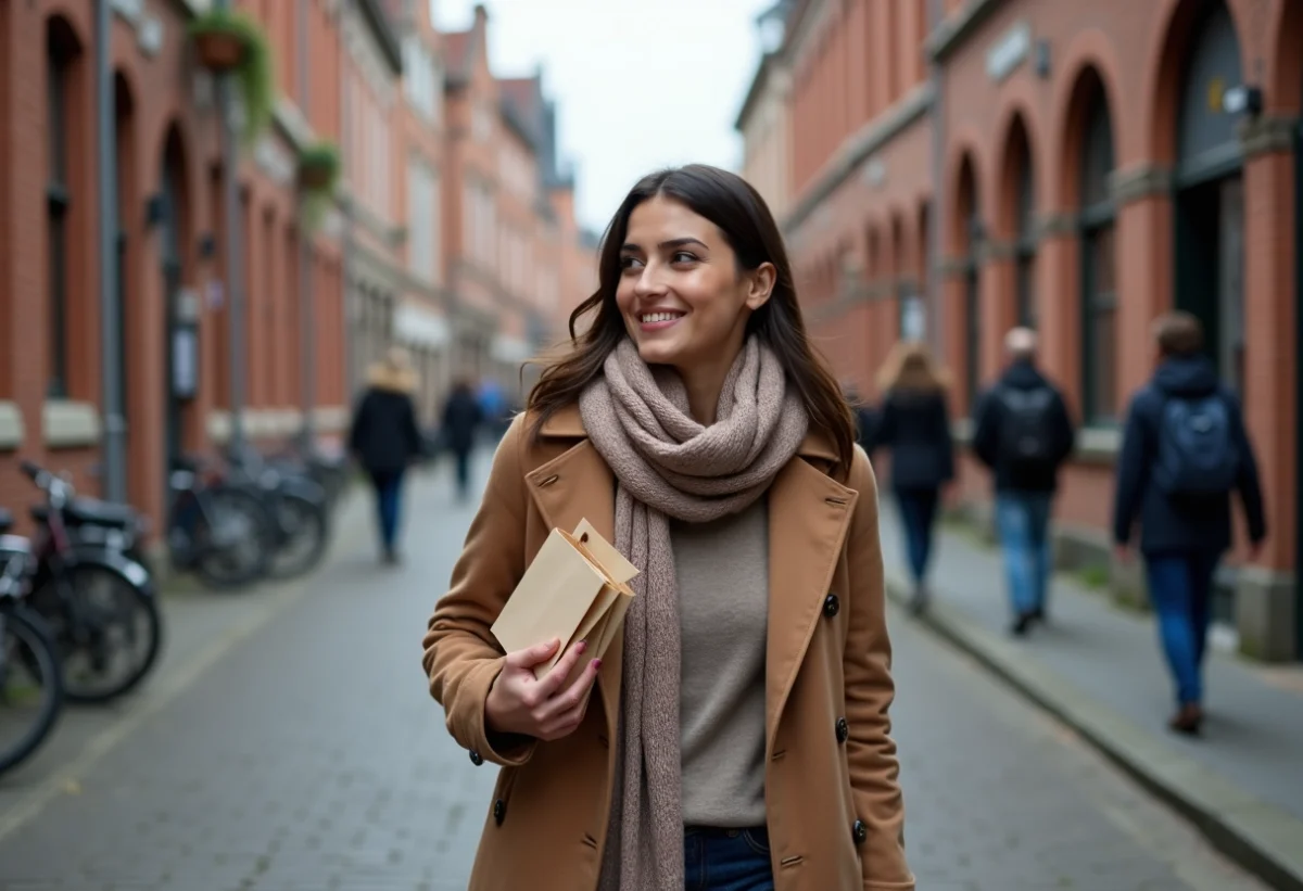 Jeune femme dans les rues de Bruges avec chocolat