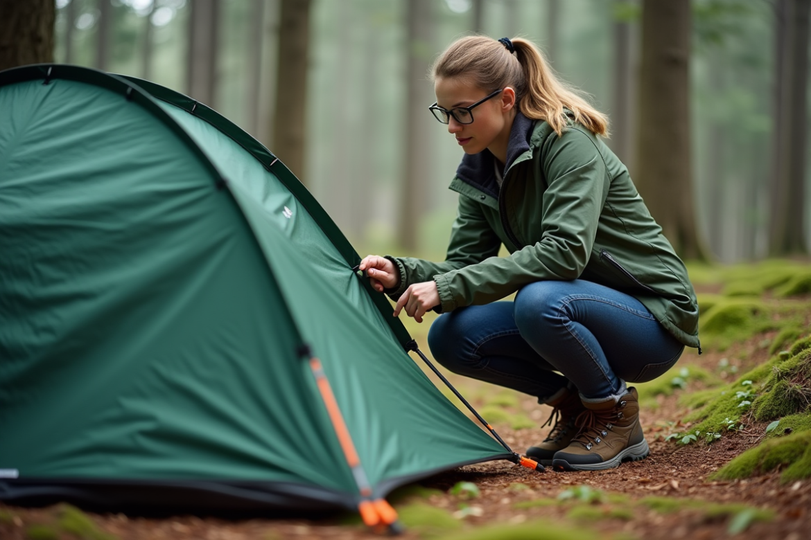 Jeune femme inspectant une tente en forêt lors d'une randonnée