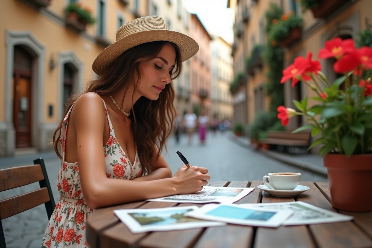 Jeune femme écrivant des cartes postales de vœux de bonnes vacances en plusieurs langues dans un café européen