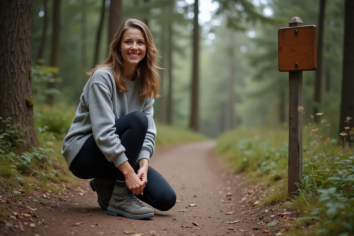 Jeune femme nouant ses chaussures en forêt