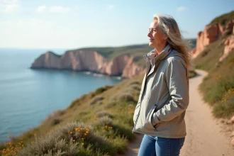Femme regardant la côte de Ploumanac’h en Bretagne