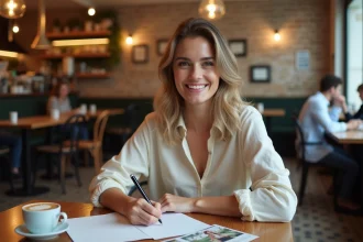 Femme écrivant un message de bonnes vacances à la main dans un café français avec des cartes postales sur la table