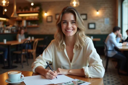 Femme écrivant un message de bonnes vacances à la main dans un café français avec des cartes postales sur la table