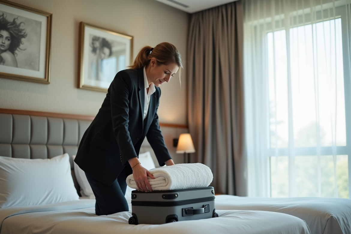 Femme en costume préparant sa valise dans une chambre d'hôtel
