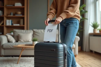 Femme attachant une étiquette de bagage à sa valise moderne