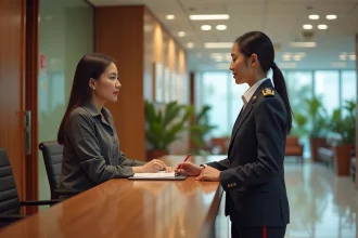 Femme asiatique discutant avec un officiel à l'ambassade d'Indonesie