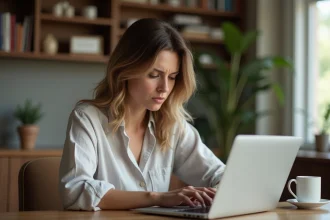 Femme consultant Google Flights sur un ordinateur portable pour planifier ses vacances