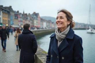 Femme contemplant le port d'Honfleur en peacoat