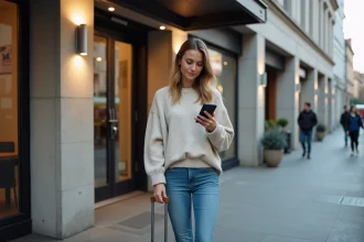 Jeune femme avec valise devant l'hôtel Strasbourg Gare