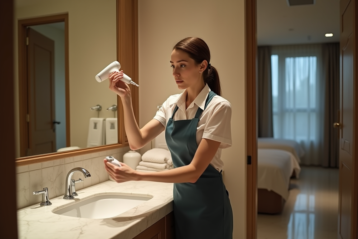 Hôtesse découvrant un sèche-cheveux manquant dans la salle de bain