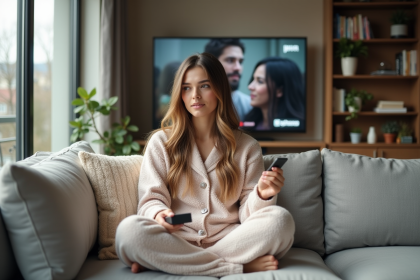 Jeune femme détendue en loungewear dans un salon moderne
