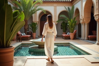 Femme en kaftan blanc dans un riad marocain