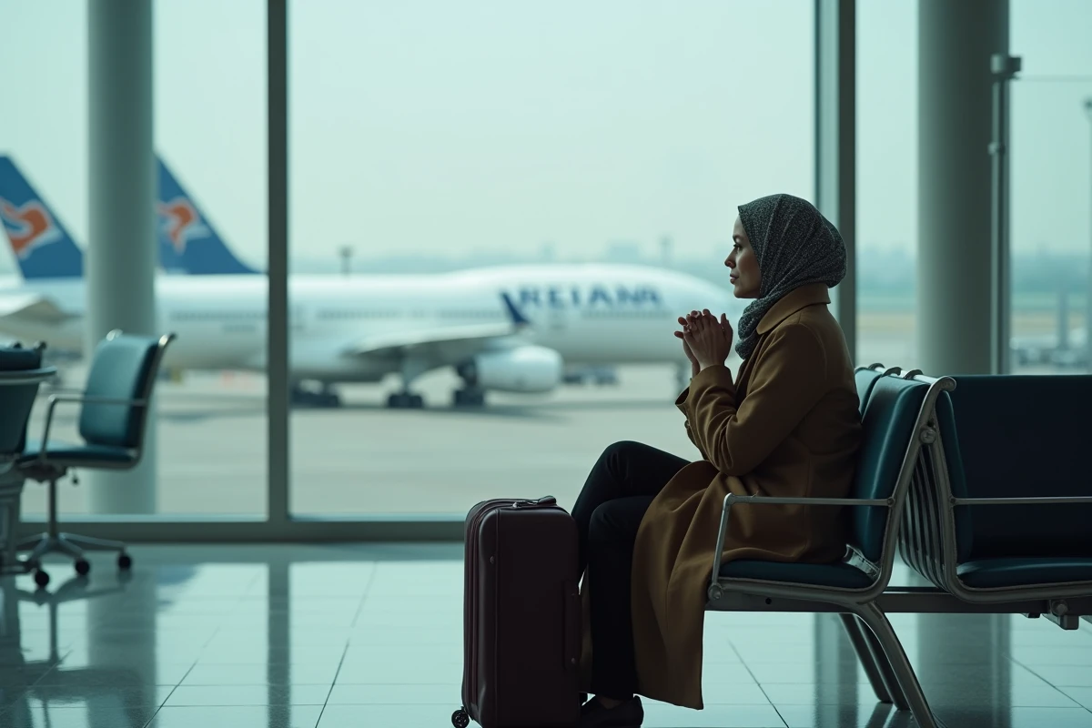 Femme musulmane réfléchissant dans un terminal aéroport