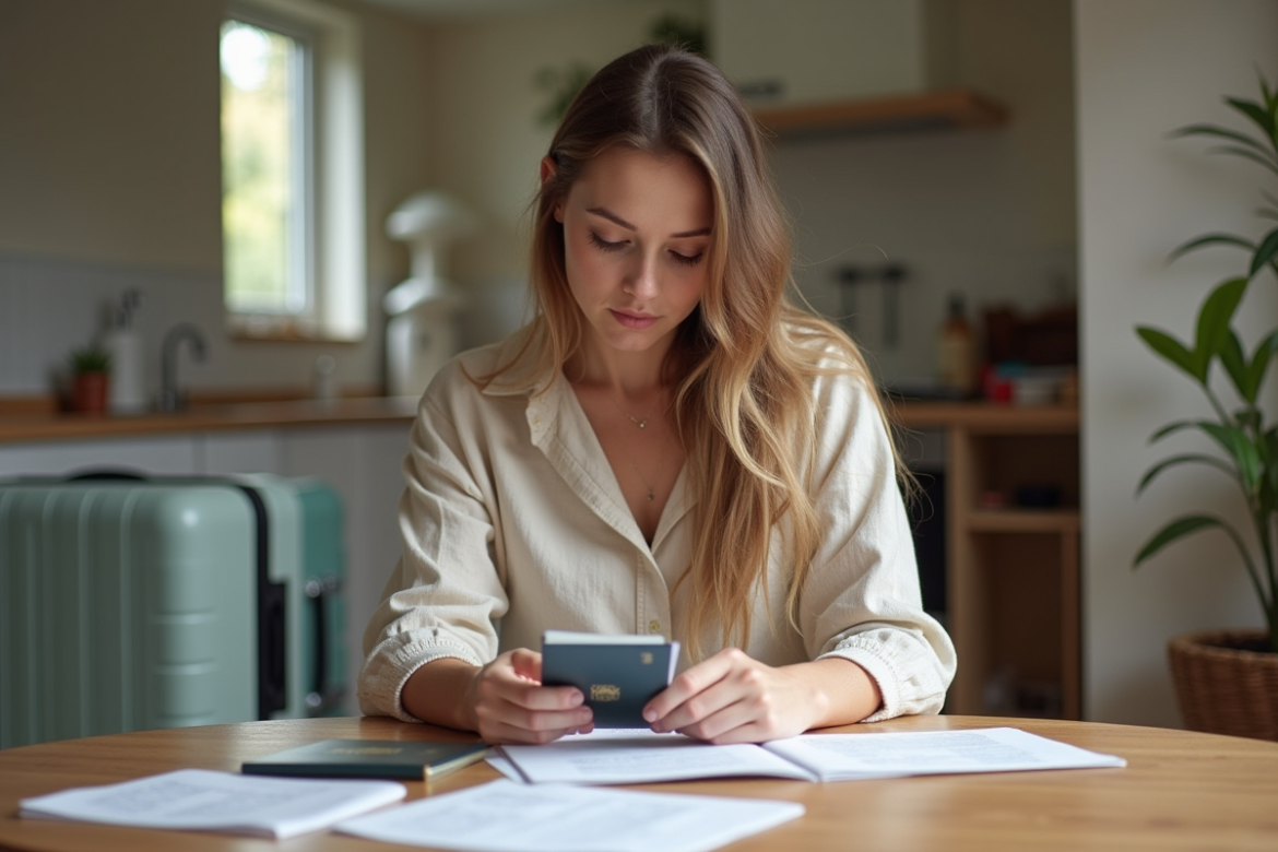Femme prépare ses documents de voyage dans une cuisine lumineuse