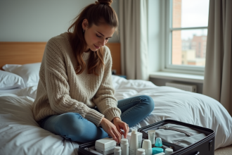 Jeune femme organise ses produits de toilette dans une valise