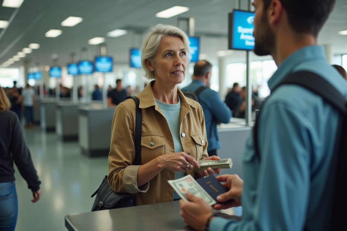 Femme à la douane américaine avec passeport et argent