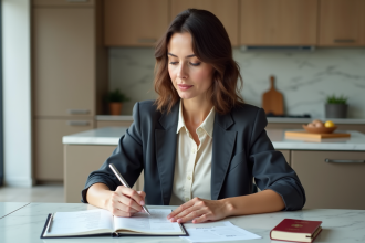 Femme avec passeport et billet de voyage dans une cuisine lumineuse
