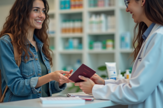 Jeune femme remettant son passeport au pharmacien en pharmacie