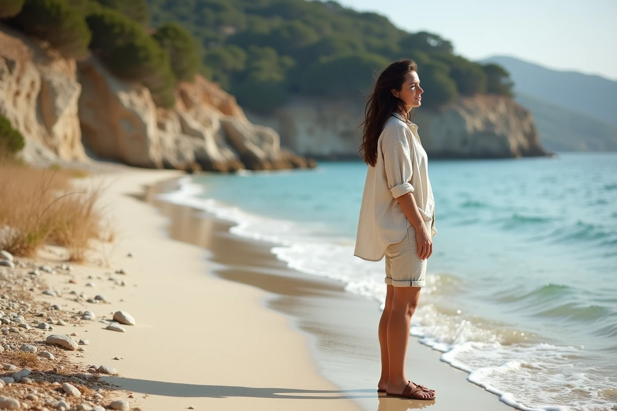 Femme contemplant la mer sur la plage isolée des 3 Pointes à Bonifacio, paysage sauvage de Corse du Sud