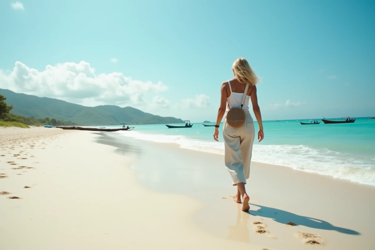 Femme solo marchant sur la plage de Tanjung Aan Lombok