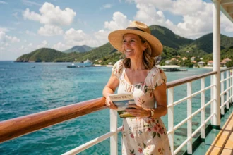 Femme en robe florale sur le pont d'un bateau de croisière aux Antilles avec vue sur une baie turquoise