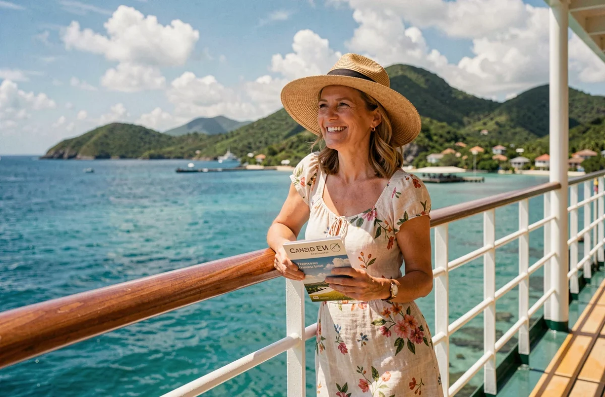 Femme en robe florale sur le pont d'un bateau de croisière aux Antilles avec vue sur une baie turquoise