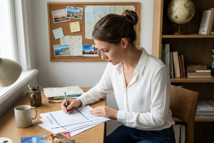Jeune femme remplissant des documents de visa dans un bureau