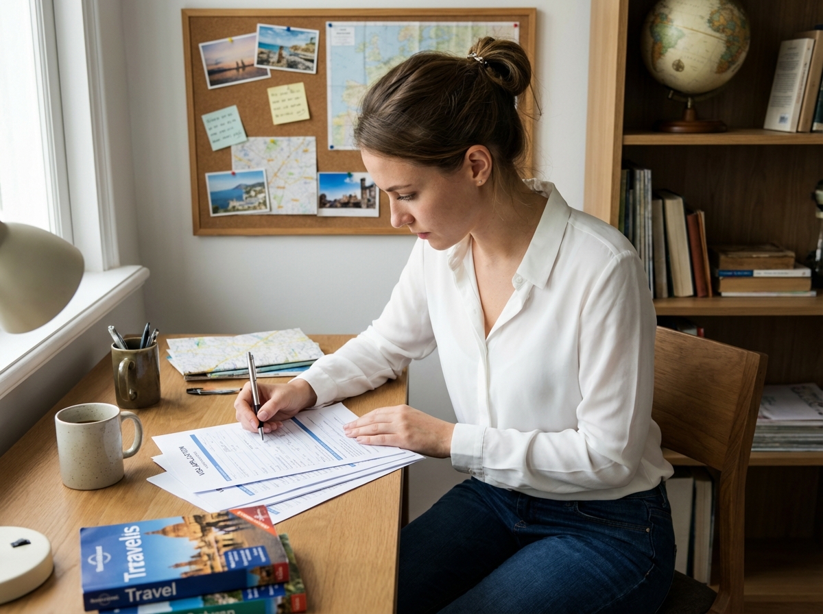 Jeune femme remplissant des documents de visa dans un bureau